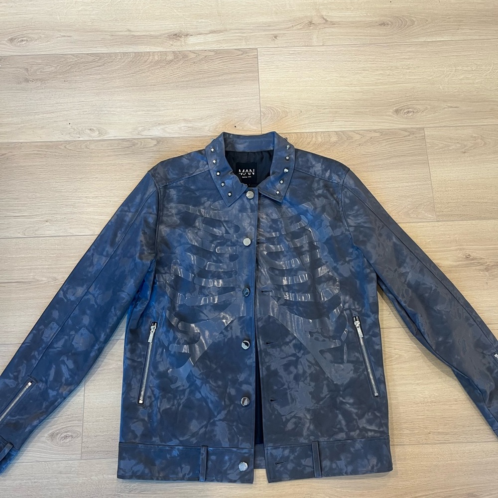 Men's Grey Studded Skeleton Biker Jacket
